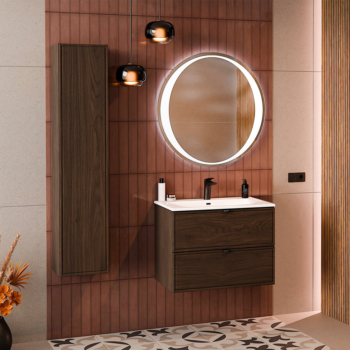 Meuble simple vasque encastrée 60cm Elias Bois foncé