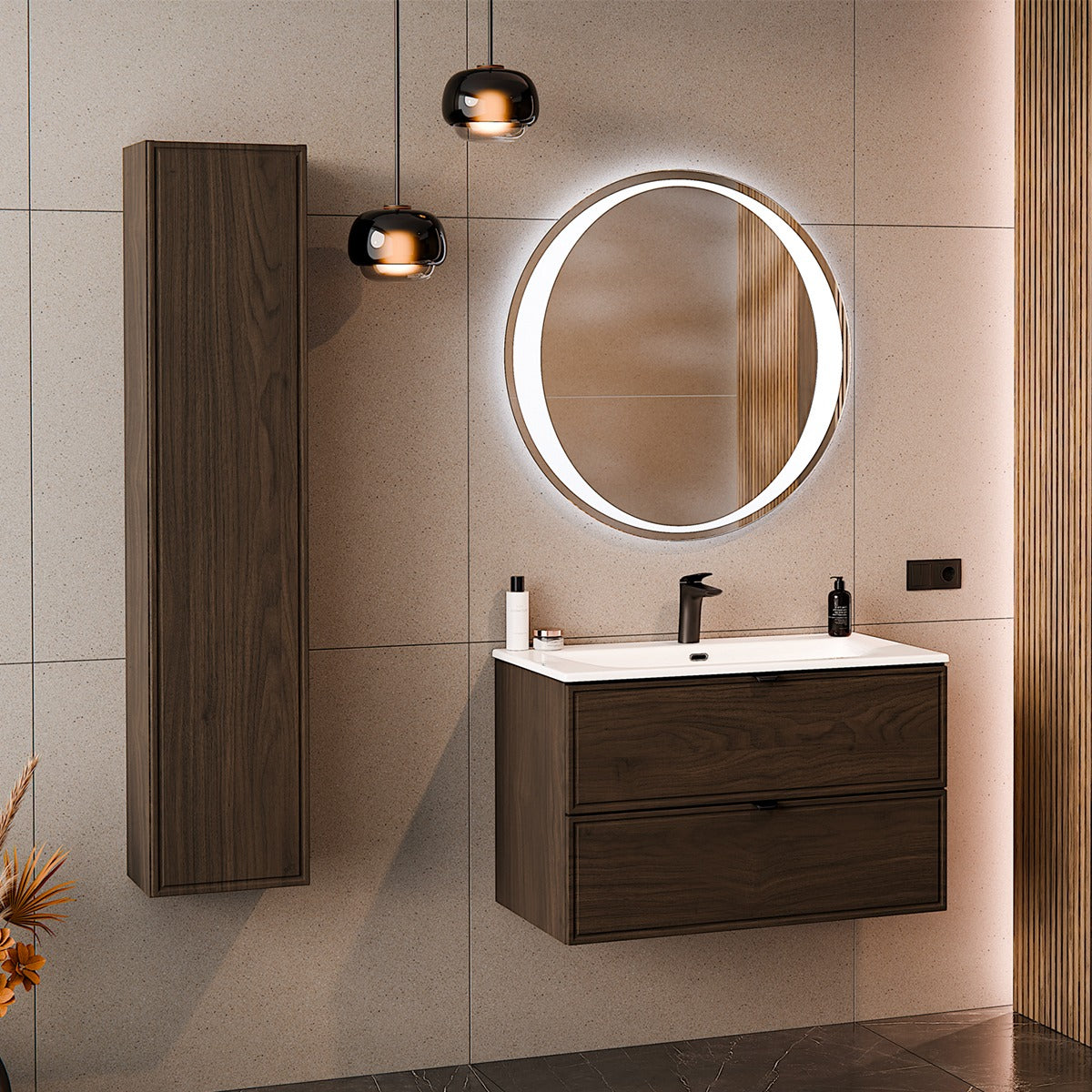 Ensemble meuble simple vasque encastrée 80cm et colonne Elias Bois foncé - vue 8