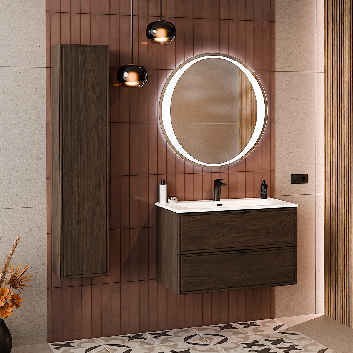 Ensemble meuble simple vasque encastrée 80cm et colonne Elias Bois foncé