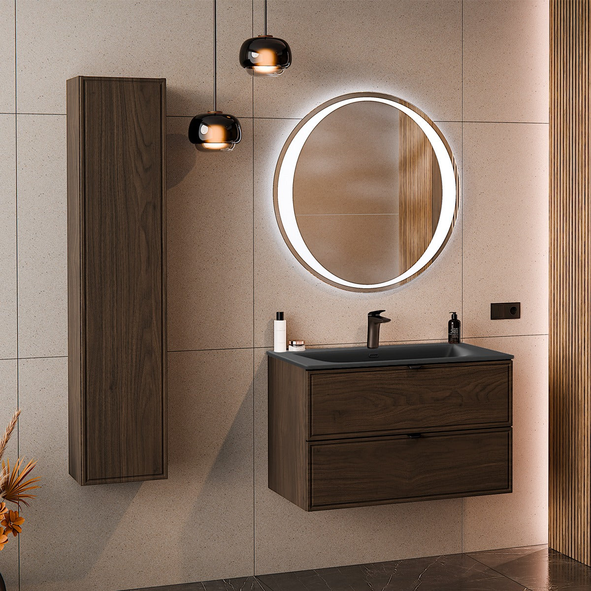 Ensemble meuble simple vasque encastrée 80cm et colonne Elias Bois foncé - Vasque noire