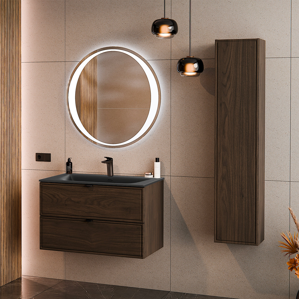 Meuble simple vasque encastrée 80cm Elias Bois foncé - Vasque noire - vue 6