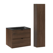 Ensemble meuble simple vasque encastrée 60cm et colonne Elias Bois foncé - Vasque noire