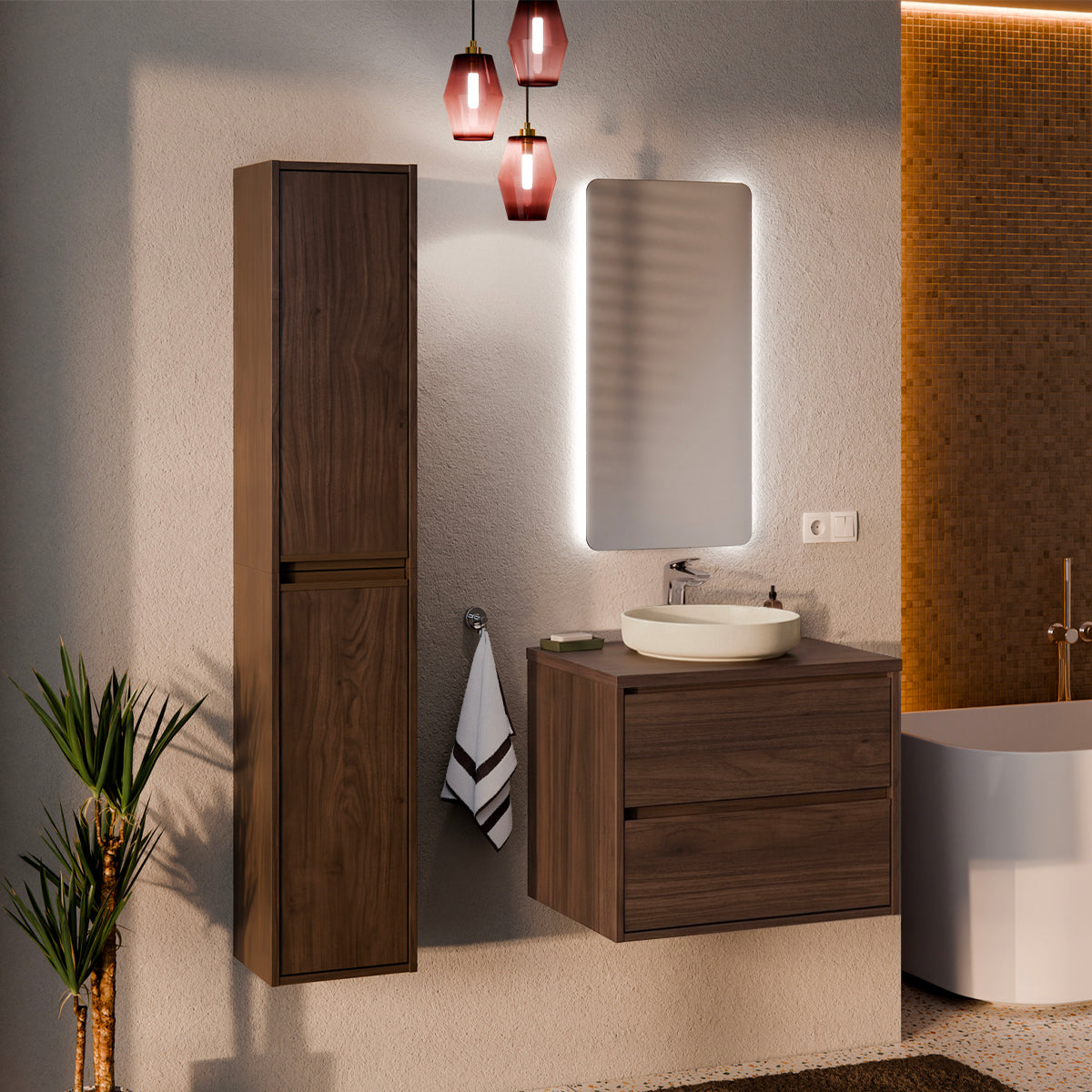 Ensemble meuble sous-vasque 60cm et colonne Edmé Bois foncé - vue 7