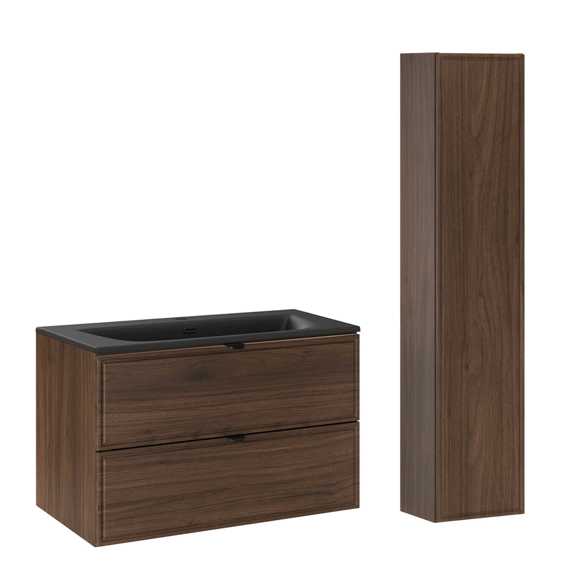 Ensemble meuble simple vasque encastrée 80cm et colonne Elias Bois foncé - Vasque noire - vue 2