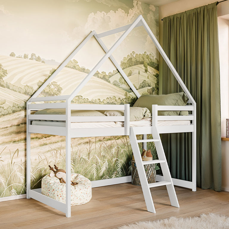 Lit cabane mi-hauteur 90x200 sommier inclus Coraline Blanc