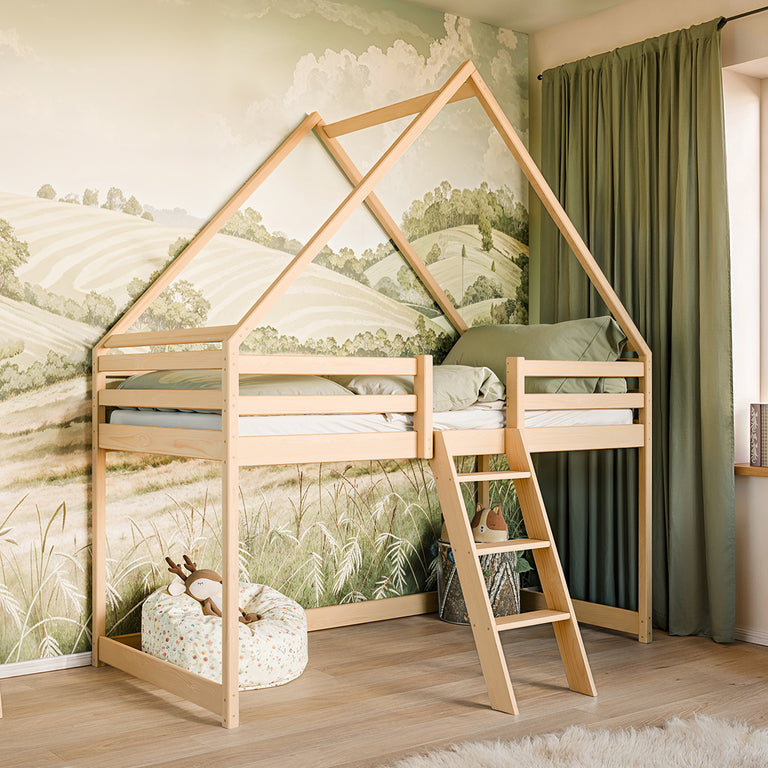 Lit cabane mi-hauteur 90x200 sommier inclus Coraline Bois