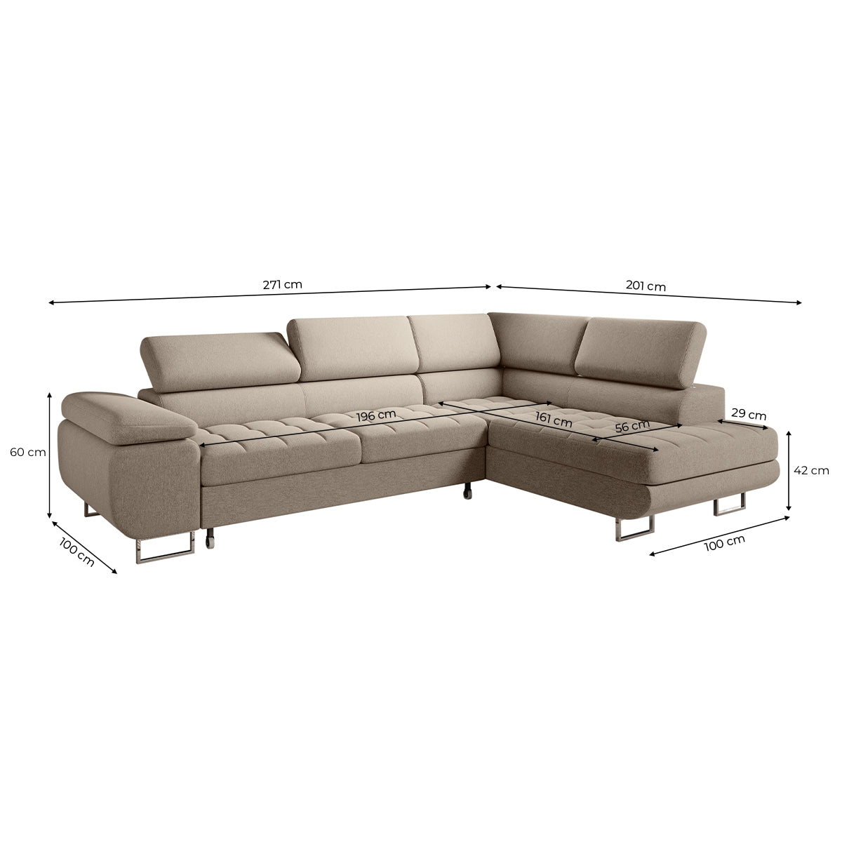 Canapé d'angle convertible droite 4 places Eden Taupe - vue 3