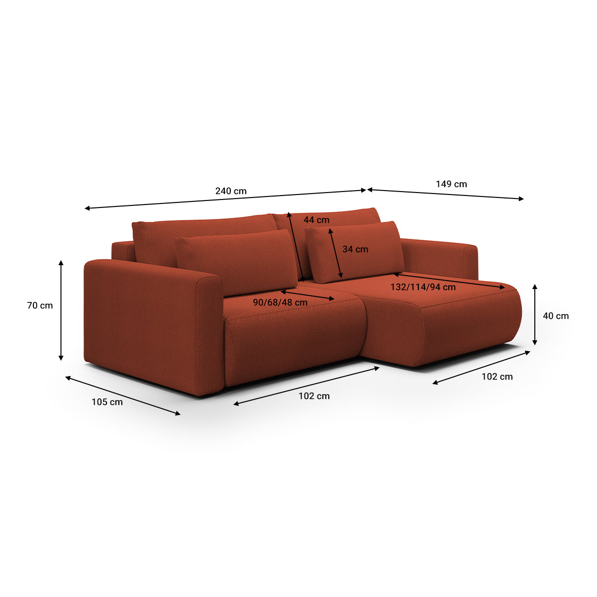 Canapé d'angle réversible convertible 3 places coffre Evy Orange Brique - vue 6