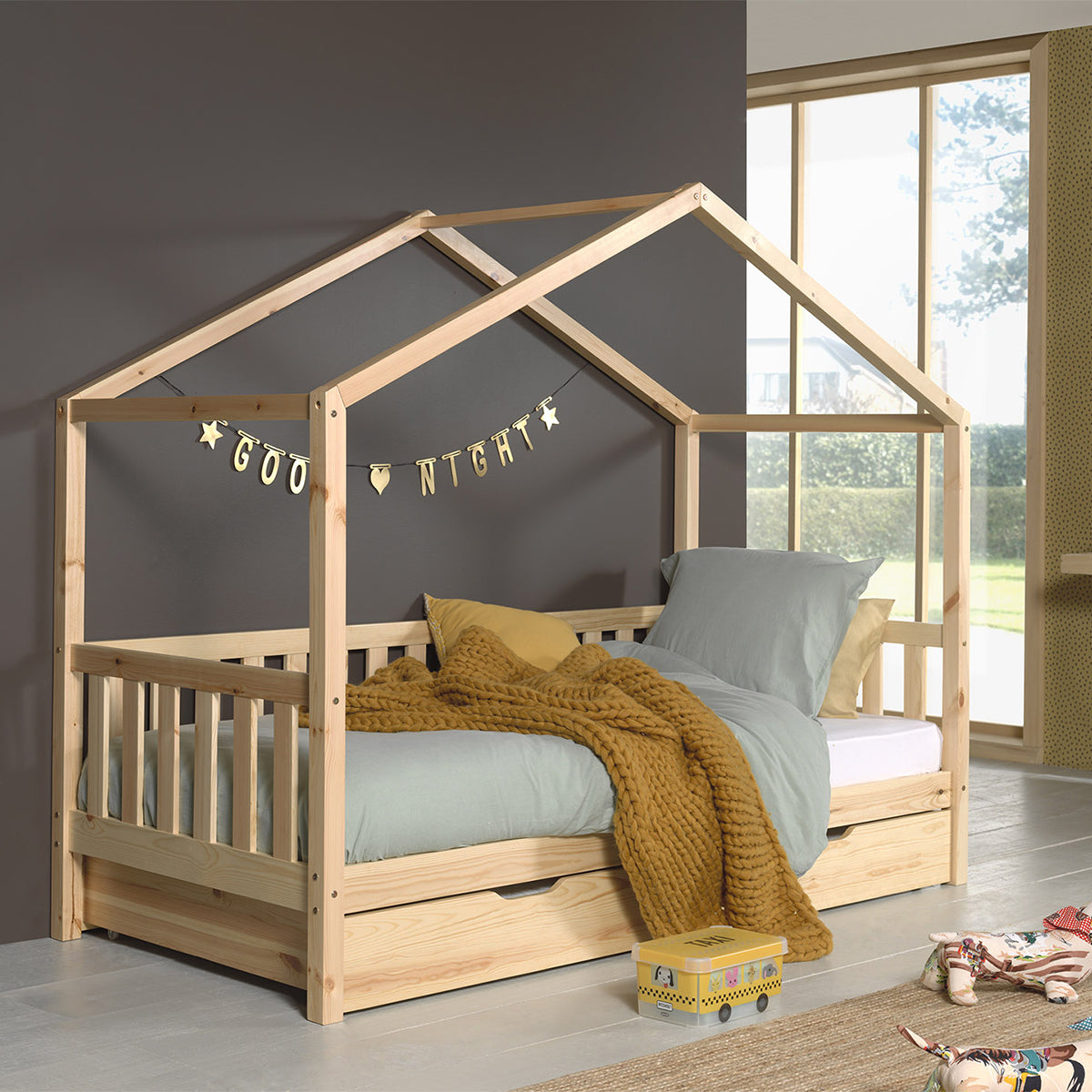 Lit cabane MH 90x200 sommier et tiroir inclus Vipack Dallas Bois - vue 2