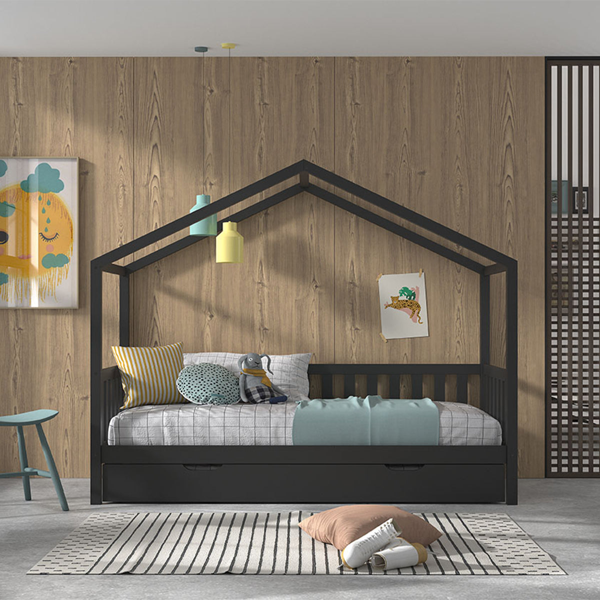 Lit cabane 90x200 sommier et tiroir inclus Vipack Dallas Anthracite - vue 2