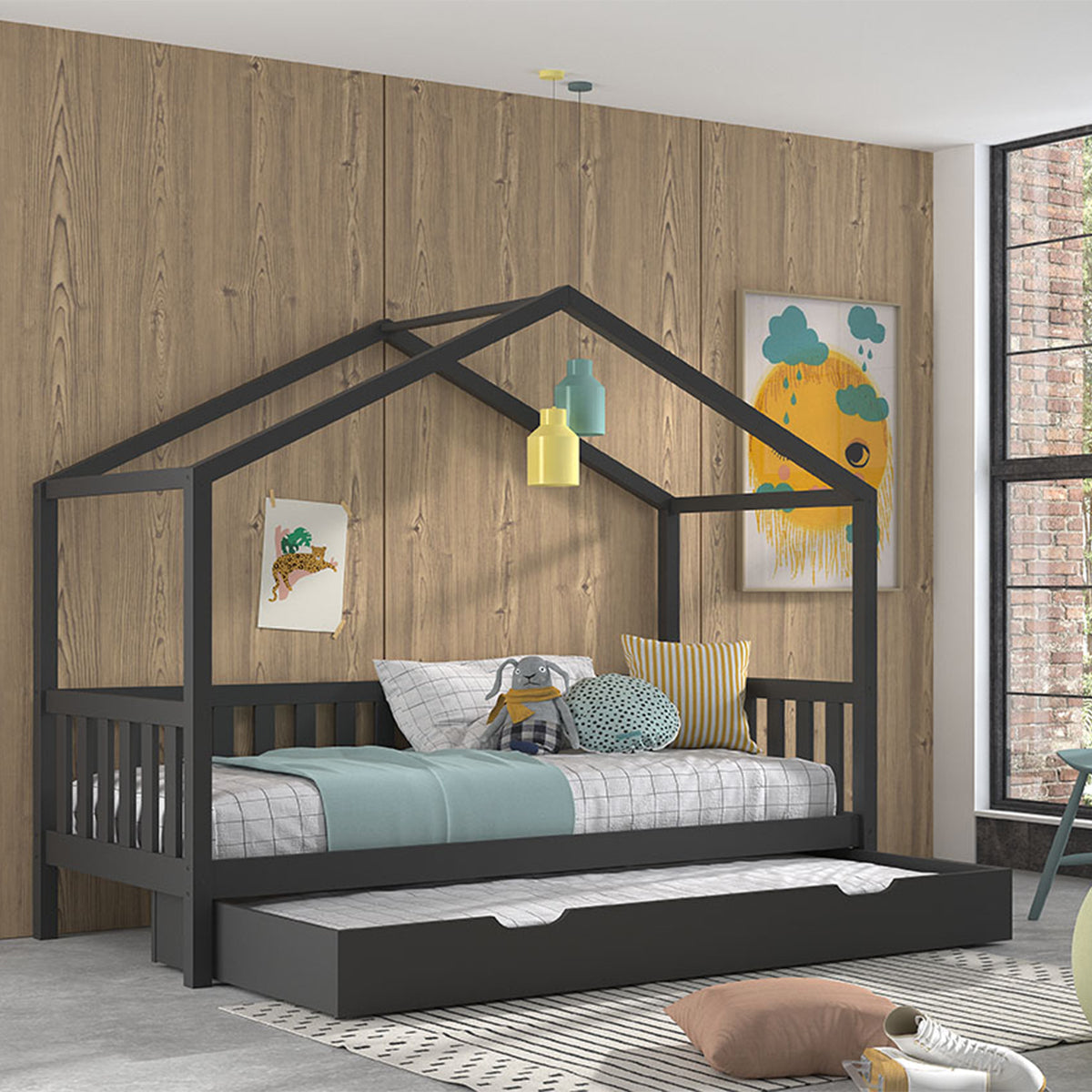 Lit cabane 90x200 sommier et tiroir inclus Vipack Dallas Anthracite - vue 3