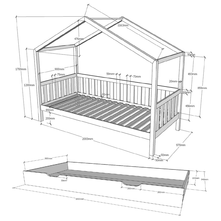 Lit cabane MH 90x200 sommier et tiroir inclus Vipack Dallas Blanc - vue 6