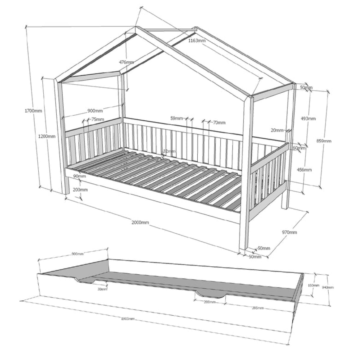 Lit cabane 90x200 sommier et tiroir inclus Vipack Dallas Anthracite - vue 6