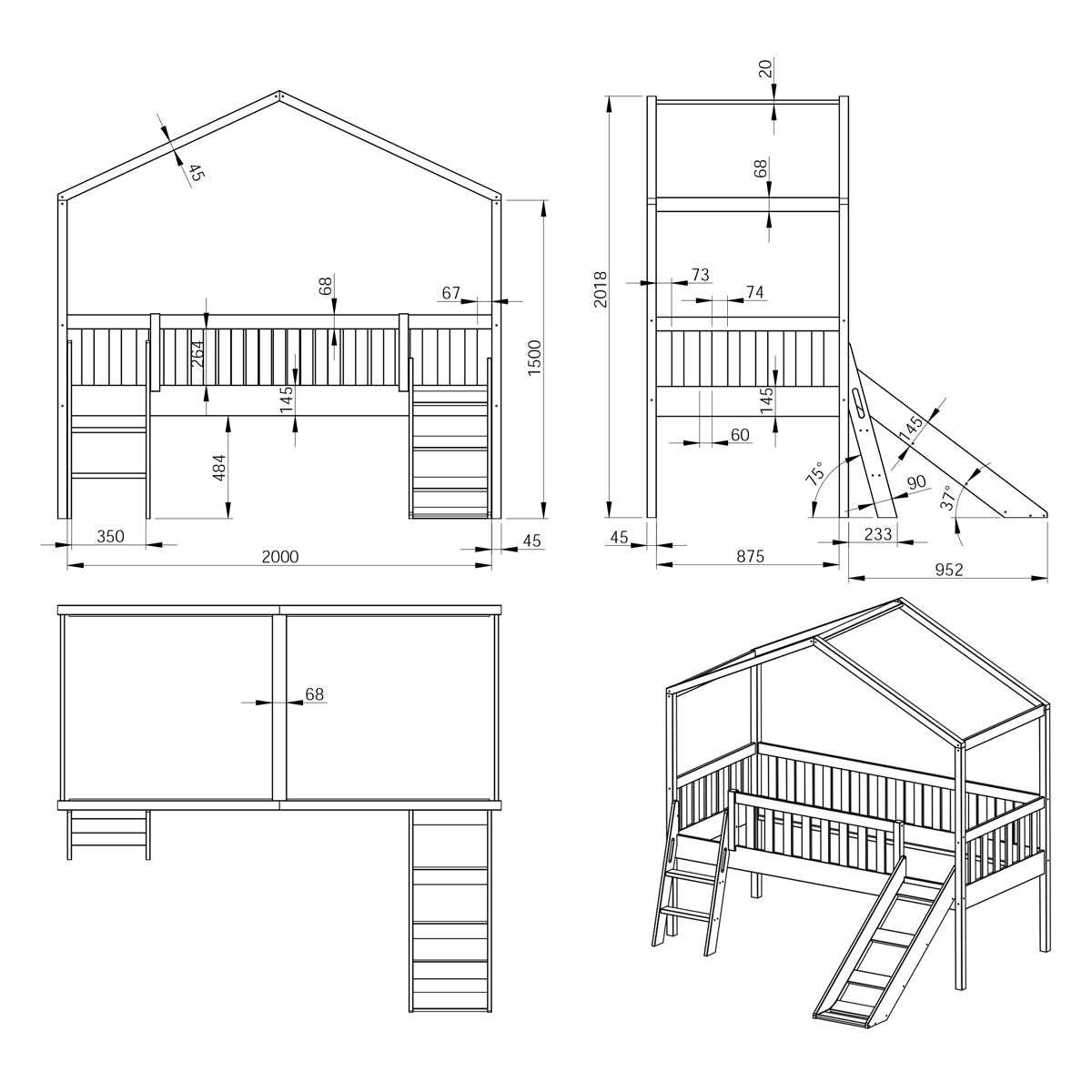 Lit cabane 90x200 toboggan sommier inclus Vipack Dallas Blanc - vue 4