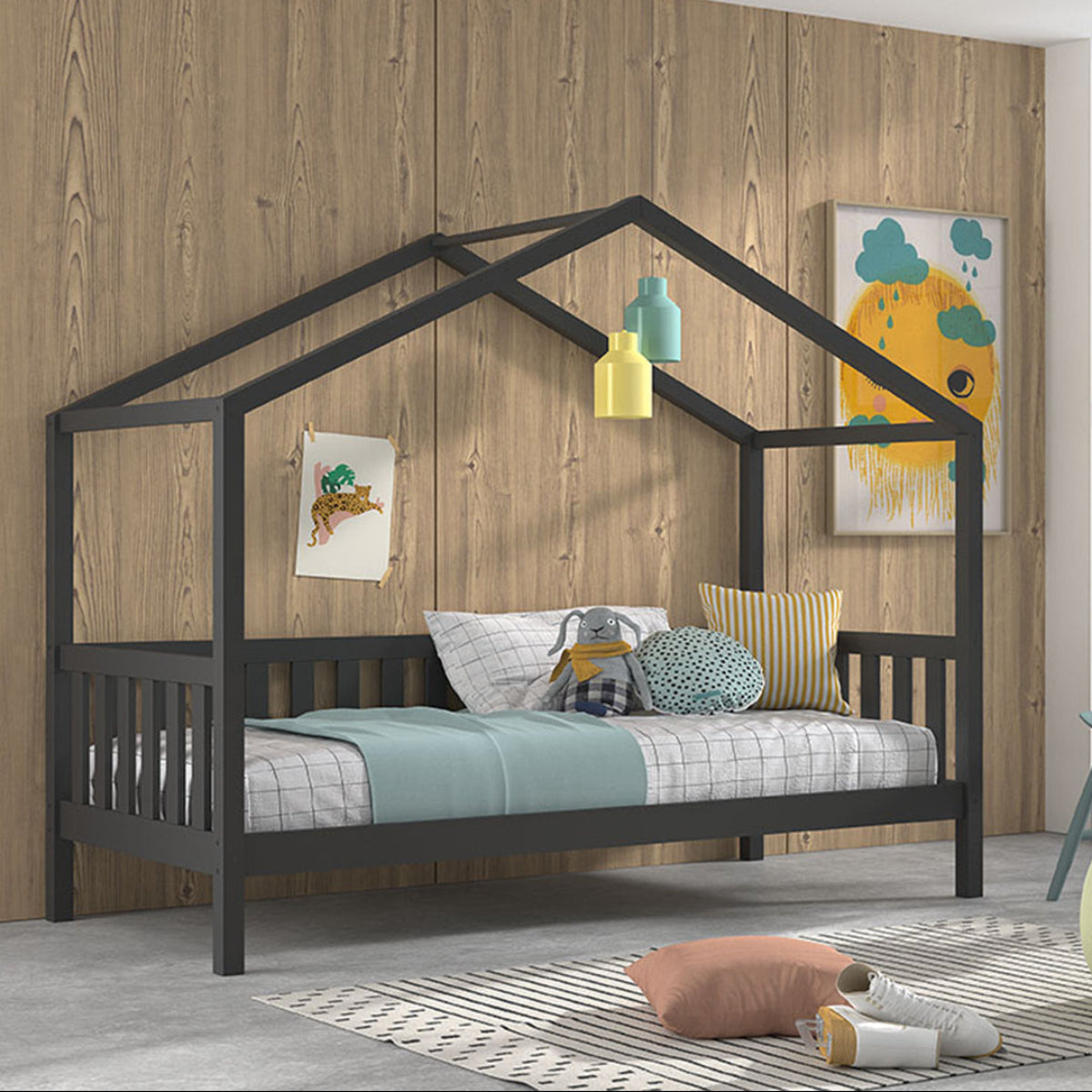 Lit cabane 90x200 sommier inclus Vipack Dallas Anthracite - vue 2