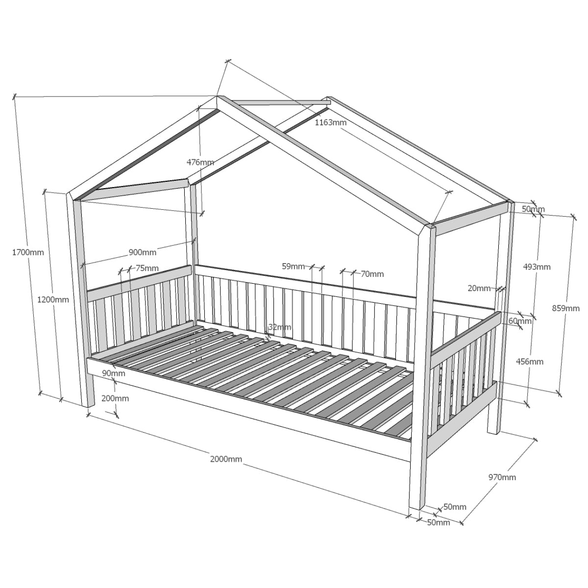 Lit cabane 90x200 sommier inclus Vipack Dallas Anthracite - vue 4