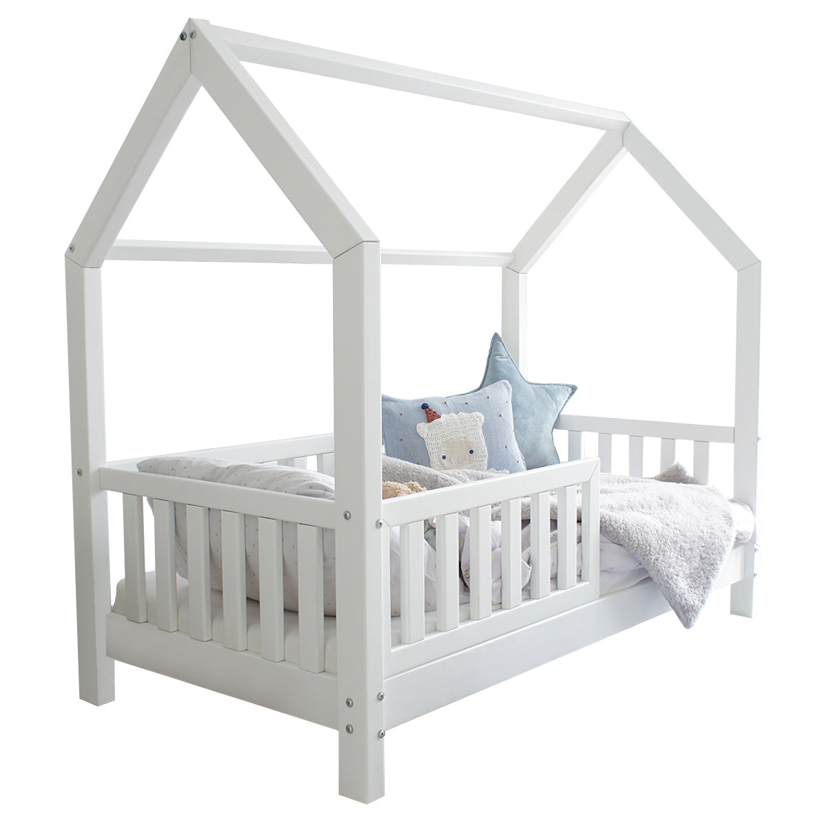 Lit cabane 90x190 barrière et sommier inclus pieds 10 cm Daisy Blanc - vue 2