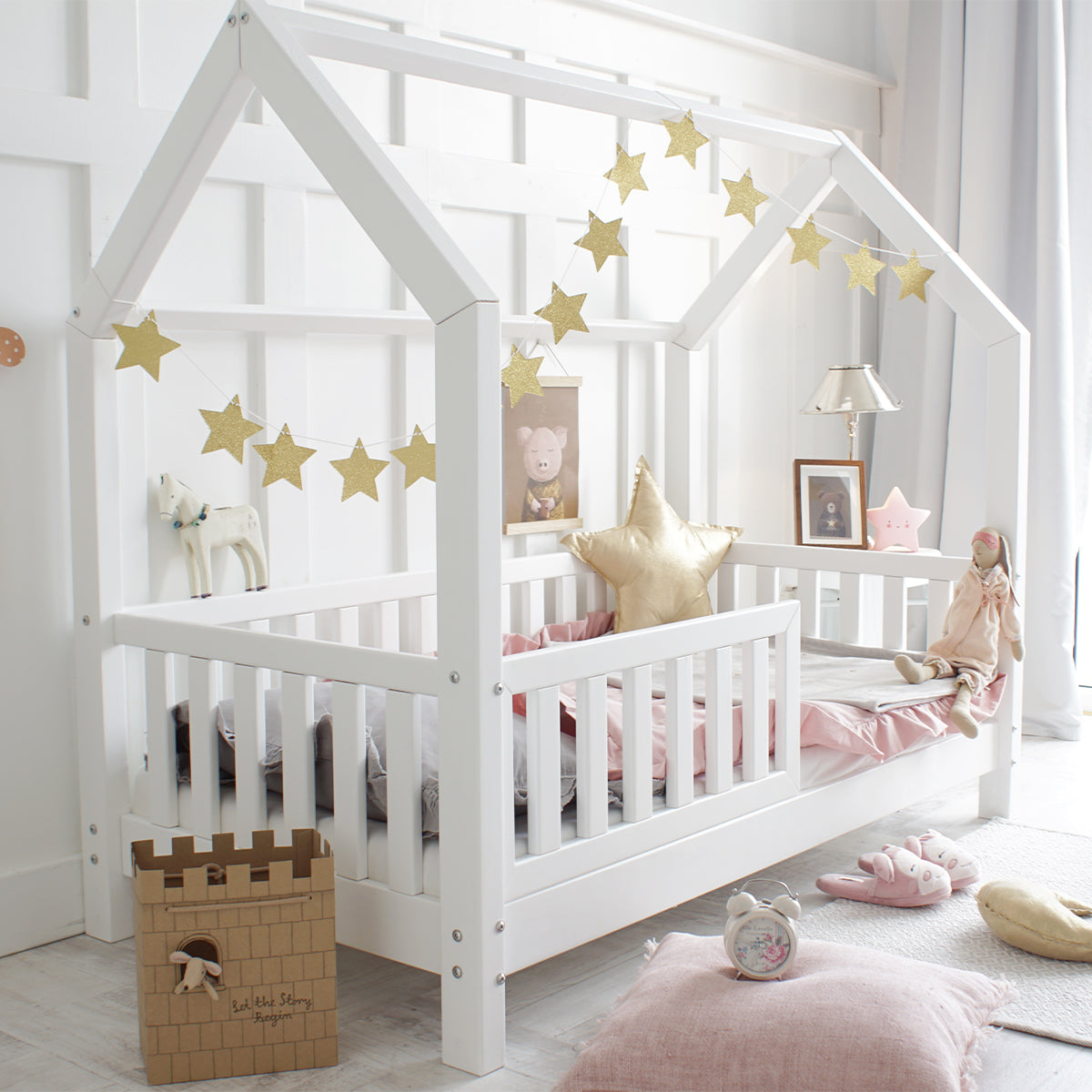 Lit cabane 90x190 barrière et sommier inclus pieds 10 cm Daisy Blanc - vue 3