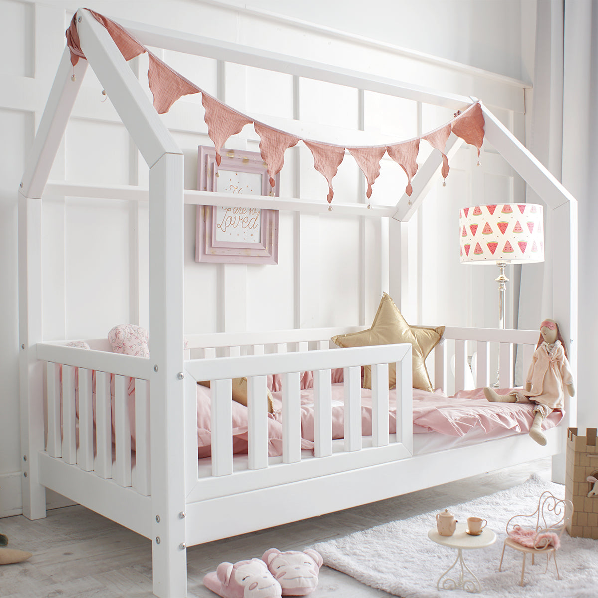 Lit cabane 90x190 barrière et sommier inclus pieds 10 cm Daisy Blanc - vue 4