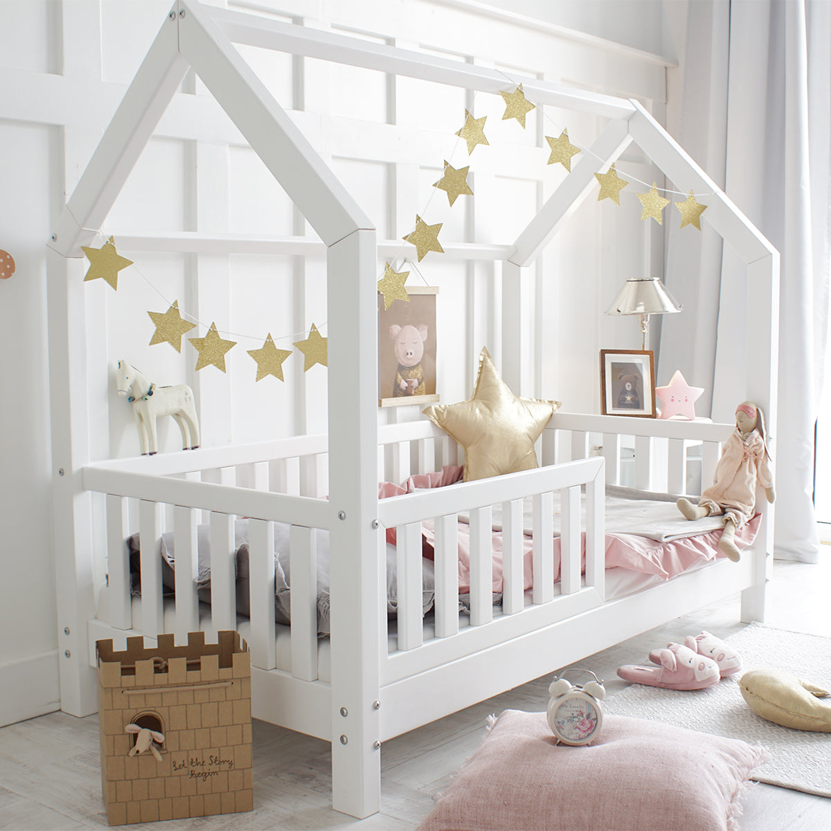 Lit cabane 90x200 barrière et sommier inclus pieds 10 cm Daisy Blanc - vue 3