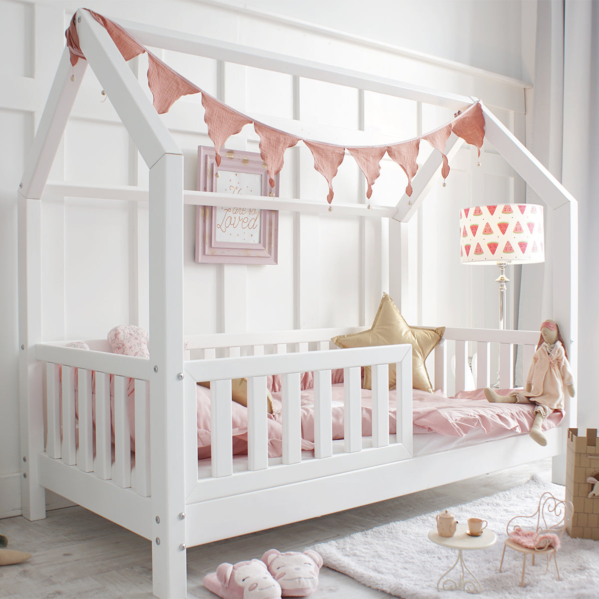 Lit cabane 90x200 barrière et sommier inclus pieds 10 cm Daisy Blanc - vue 4