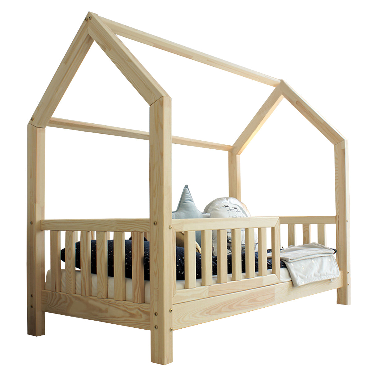 Lit cabane 80x160 barrière et sommier inclus pieds 10 cm Daisy Bois - vue 2