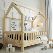 Lit cabane 90x200 barrière et sommier inclus pieds 10 cm Daisy Bois