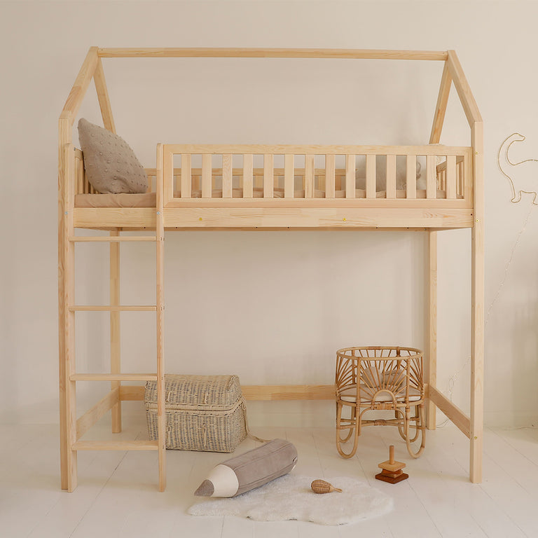 Lit cabane mi-hauteur 90x190 sommier inclus Daisy Bois