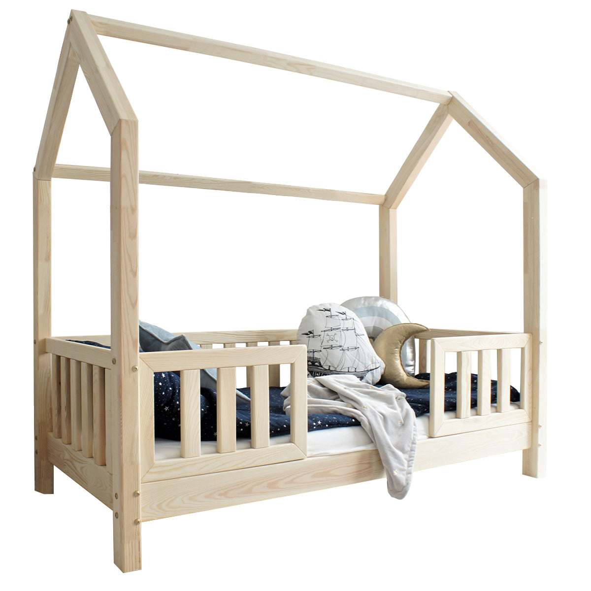 Lit cabane 90x190 barrières et sommier inclus pieds 10 cm Daisy Bois - vue 2