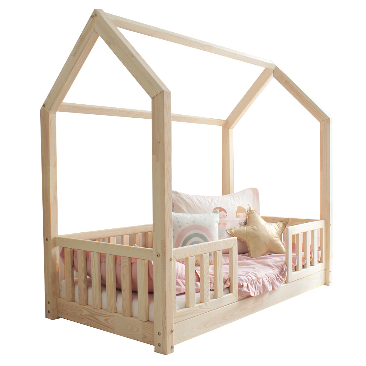 Lit cabane 90x190 barrières et sommier inclus pieds 1 cm Daisy Bois - vue 2