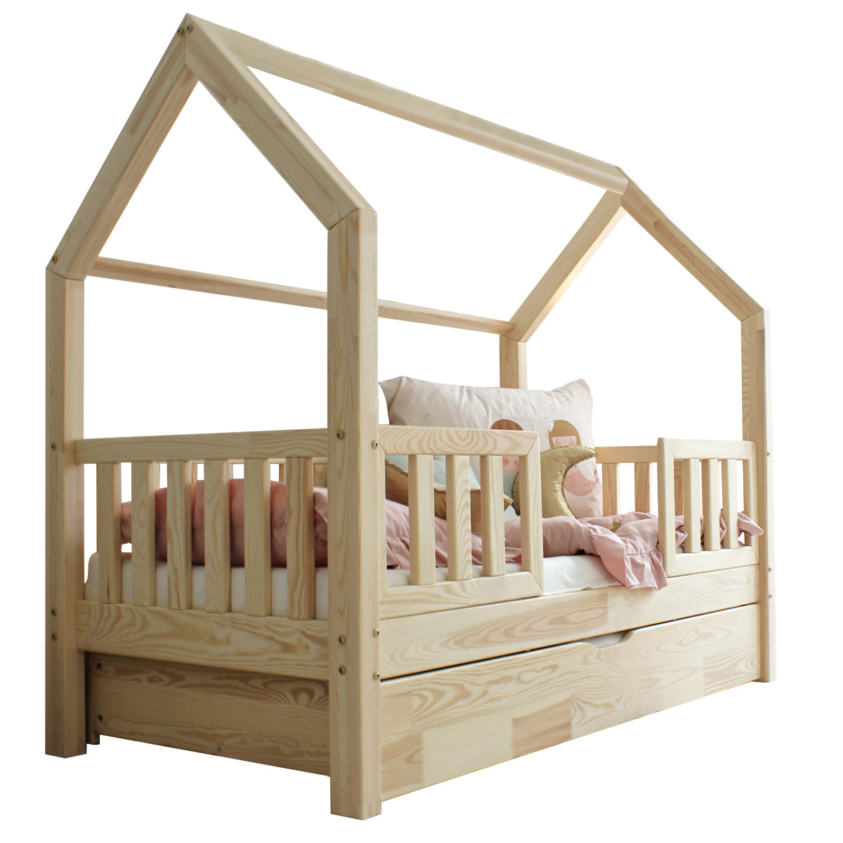 Lit cabane 90x190 barrières sommier et tiroir inclus Daisy Bois - vue 2