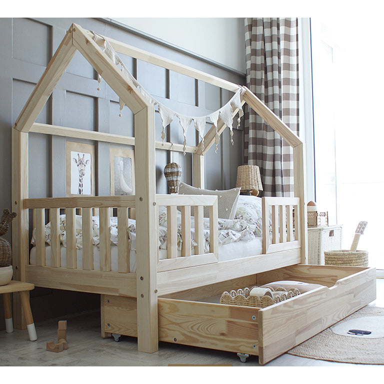 Lit cabane 90x190 barrières sommier et tiroir inclus Daisy Bois - vue 6