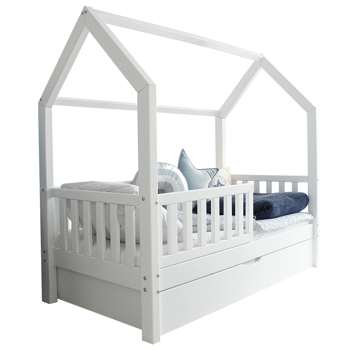 Lit cabane 90x190 barrière sommier et tiroir inclus Daisy Blanc - vue 2