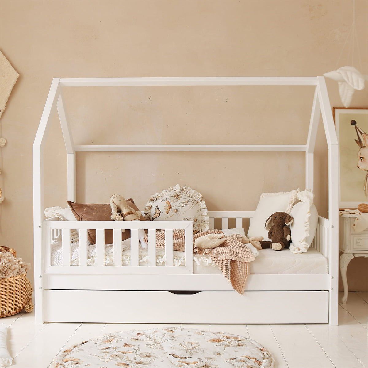 Lit cabane 90x190 barrière sommier et tiroir inclus Daisy Blanc - vue 4
