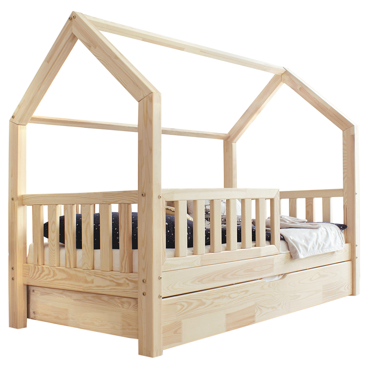 Lit cabane 90x190 barrière sommier et tiroir inclus Daisy Bois - vue 2