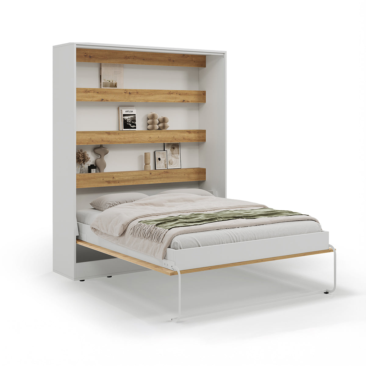 Lit escamotable 160x200 vertical sommier inclus Devon Blanc et Bois - vue 4