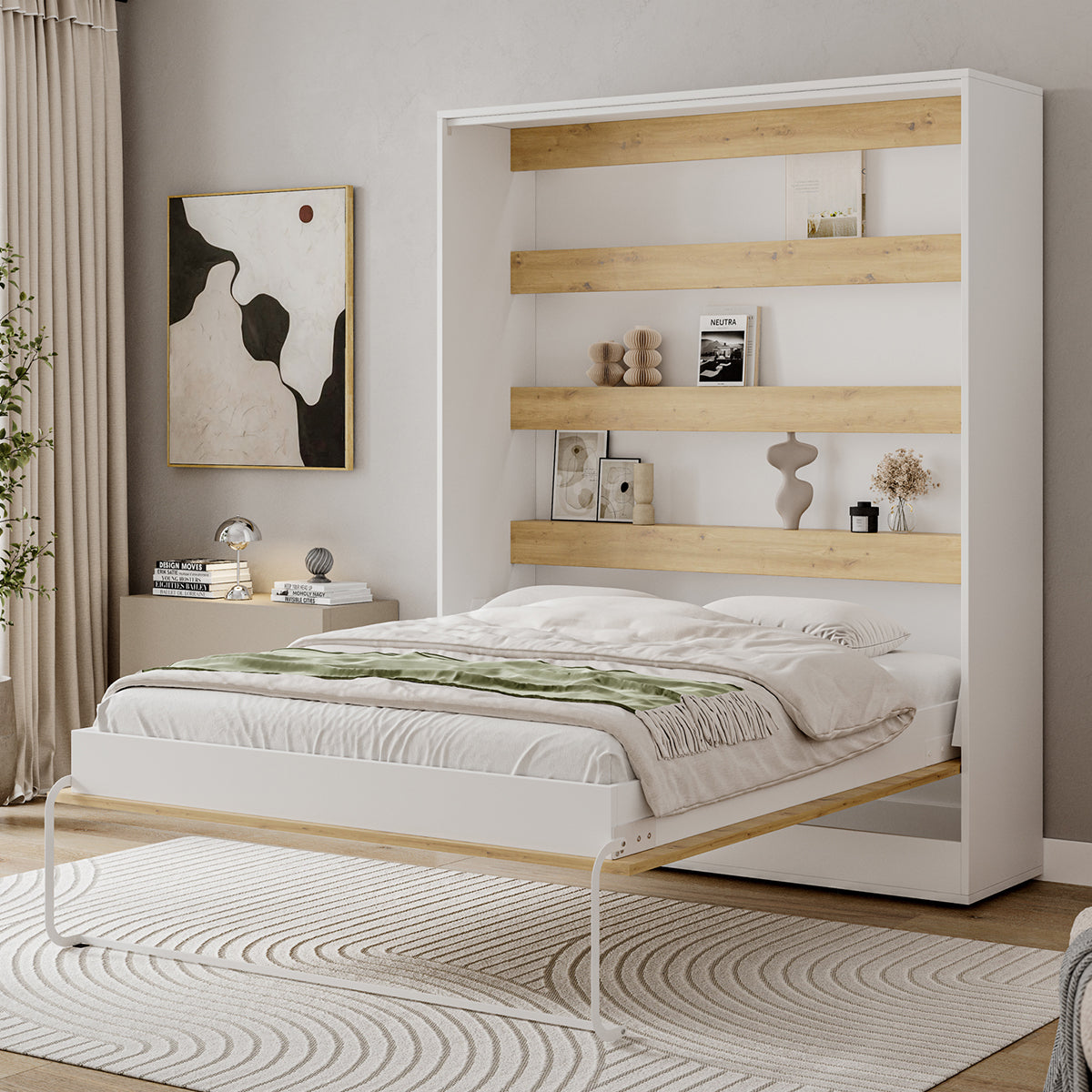 Lit escamotable 160x200 vertical sommier inclus Devon Blanc et Bois - vue 2