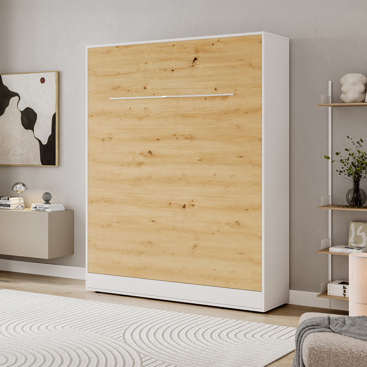 Lit escamotable 160x200 vertical sommier inclus Devon Blanc et Bois - vue 3