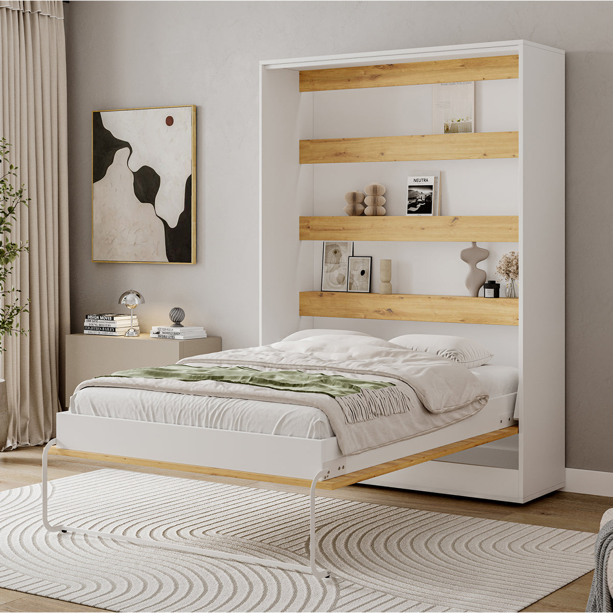 Lit escamotable 140x200 vertical sommier inclus Devon Blanc et Bois - vue 2