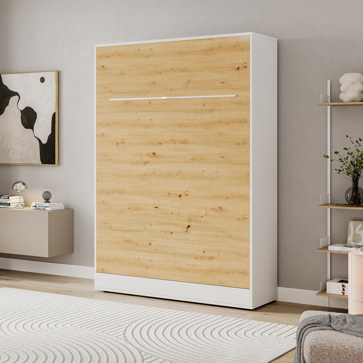 Lit escamotable 140x200 vertical sommier inclus Devon Blanc et Bois - vue 3