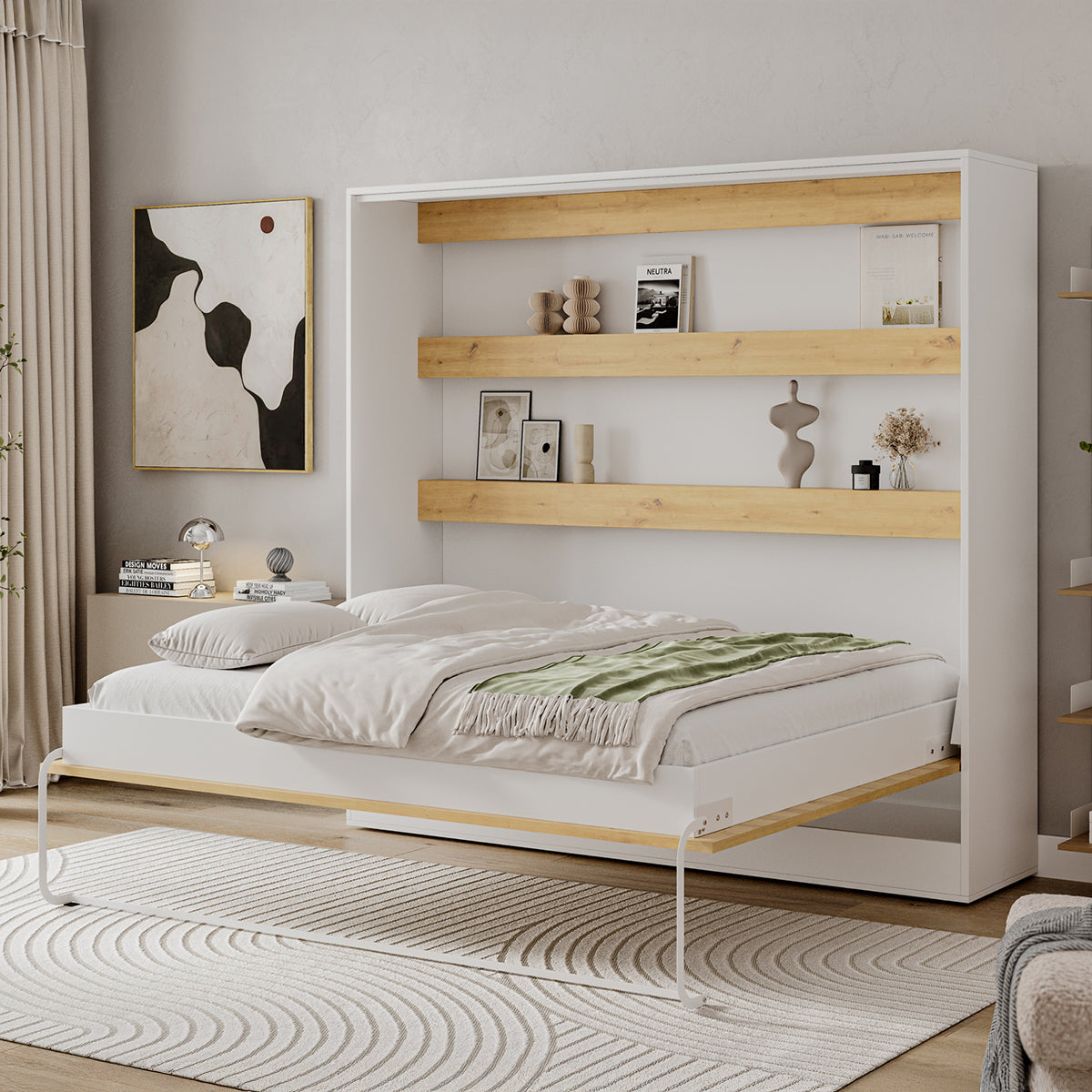 Lit escamotable 160x200 horizontal sommier inclus Devon Blanc et Bois - vue 2