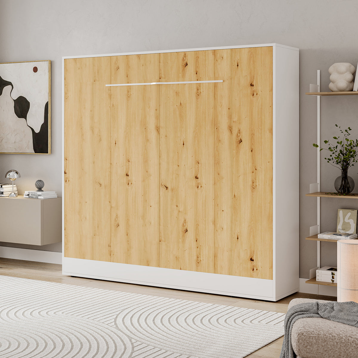 Lit escamotable 160x200 horizontal sommier inclus Devon Blanc et Bois - vue 3