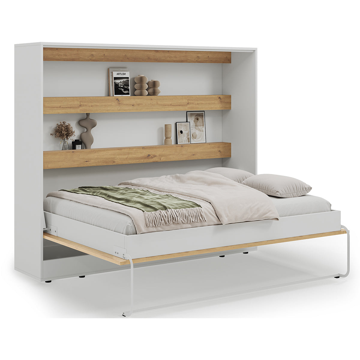 Lit escamotable 140x200 horizontal sommier inclus Devon Blanc et Bois - vue 4