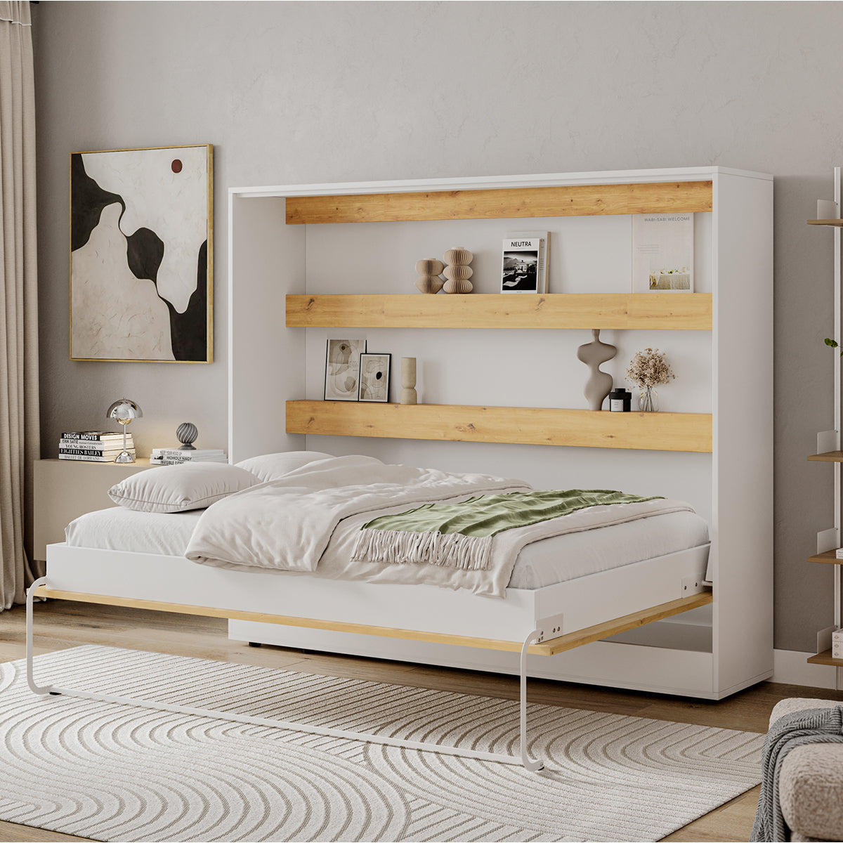Lit escamotable 140x200 horizontal sommier inclus Devon Blanc et Bois - vue 2