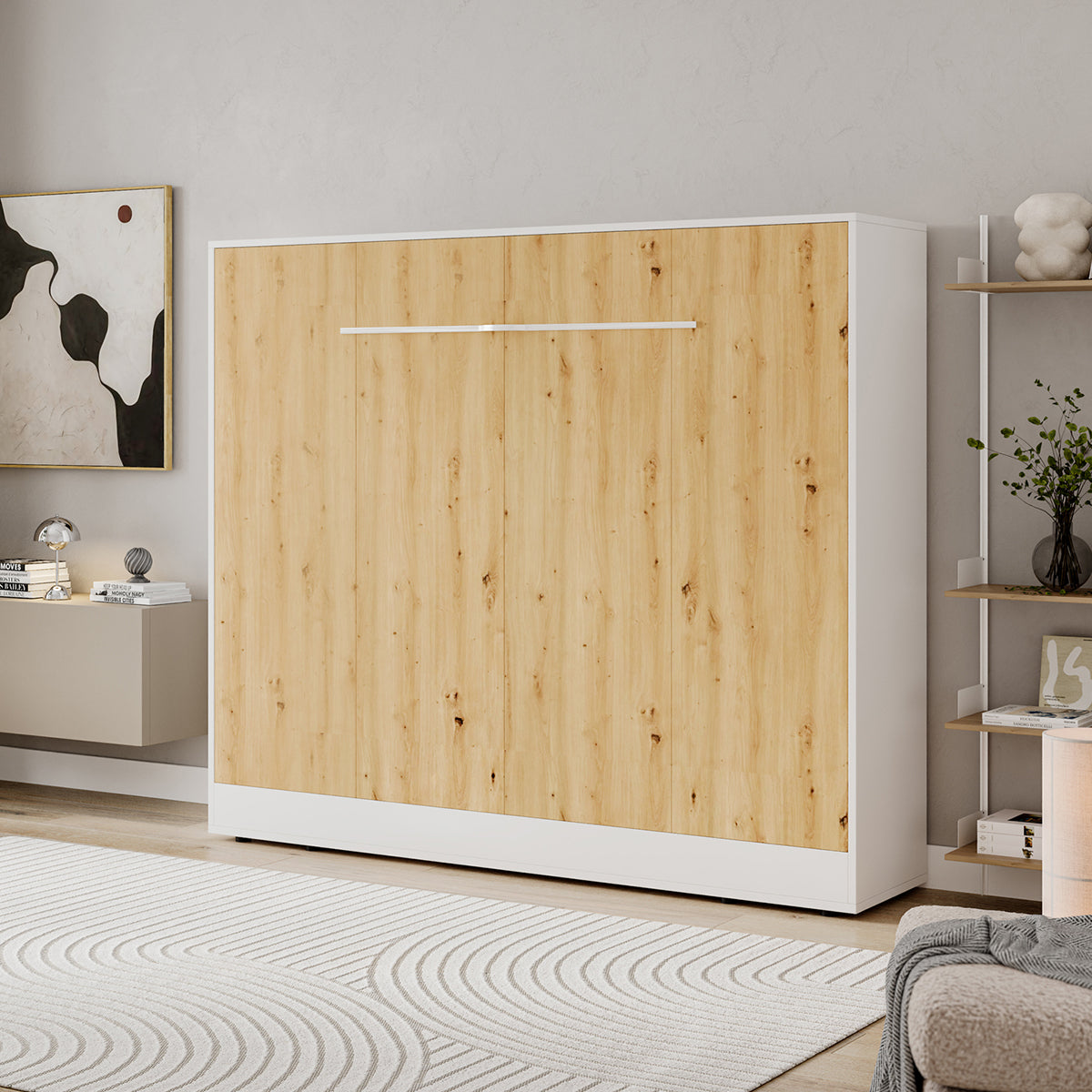 Lit escamotable 140x200 horizontal sommier inclus Devon Blanc et Bois - vue 3