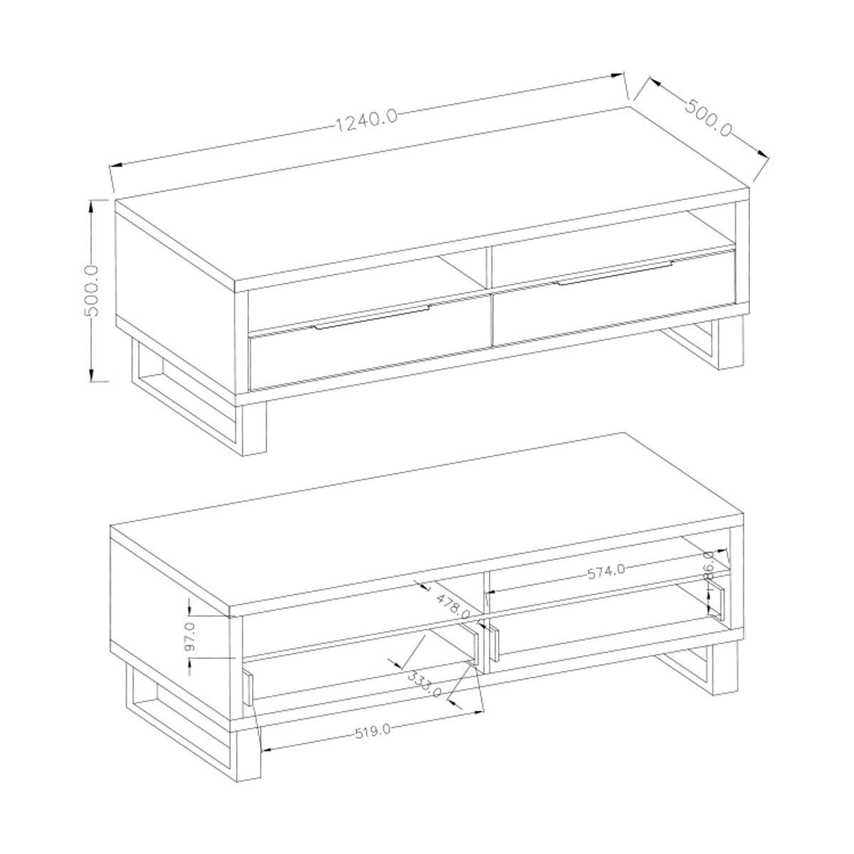 Meuble TV 2 tiroirs 124 cm Eden Bois et Metal - vue 5