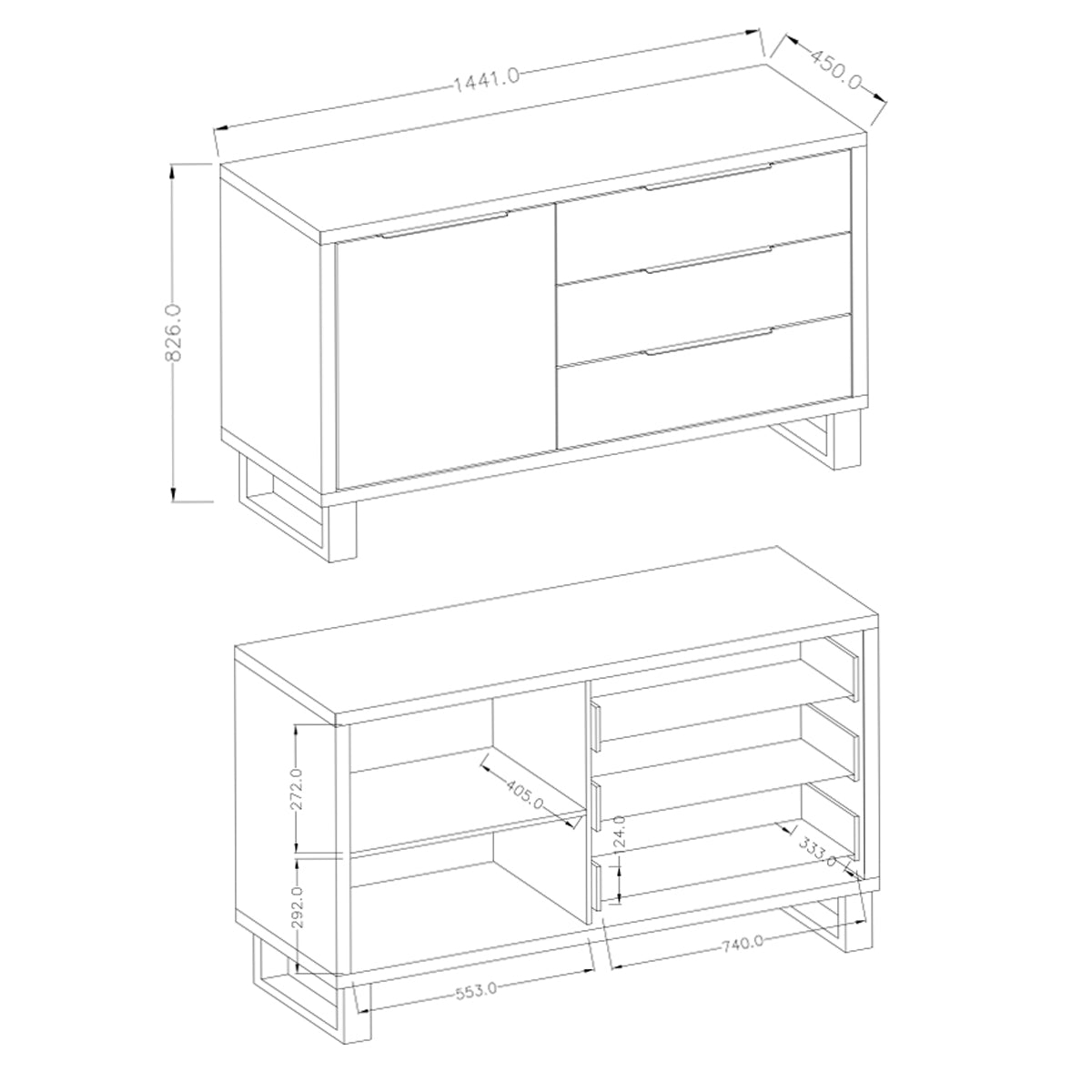 Buffet 1 porte 3 tiroirs Eden Bois et Metal - vue 4