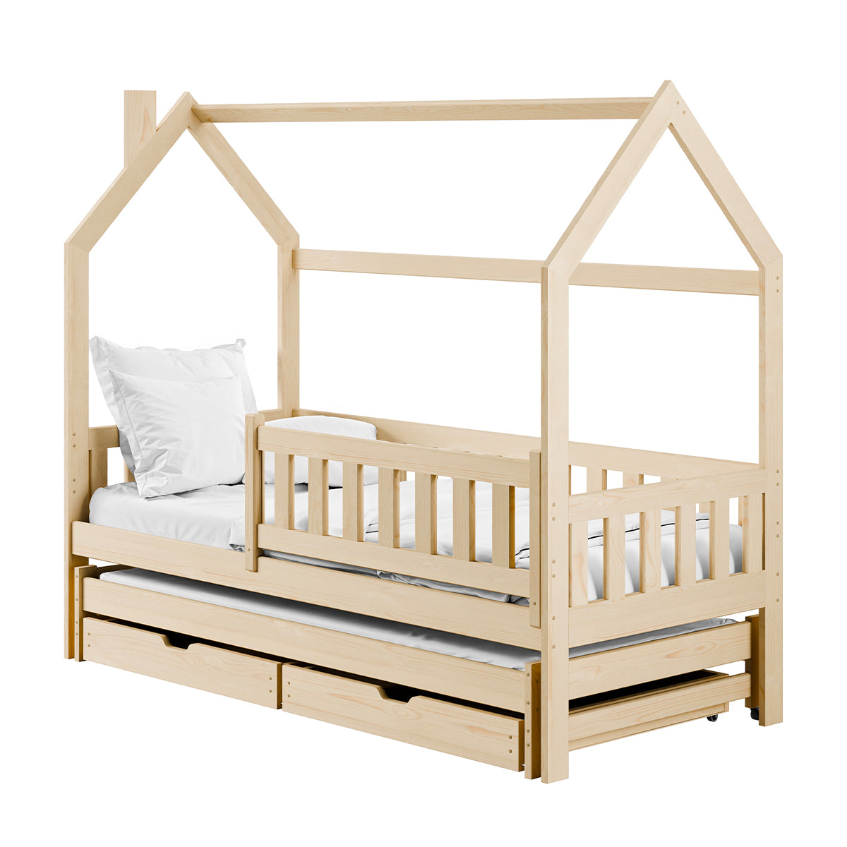 Lit cabane 90x190 sommiers lit gigogne et tiroirs Eliott Bois - vue 2