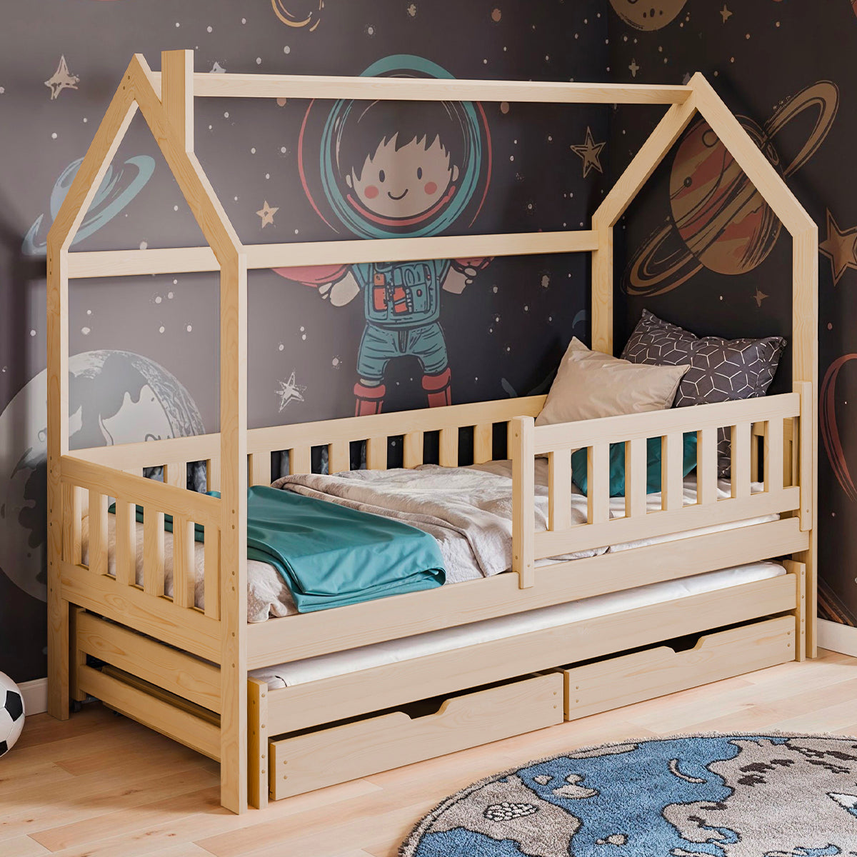 Lit cabane 90x200 sommiers lit gigogne et tiroirs Eliott Bois