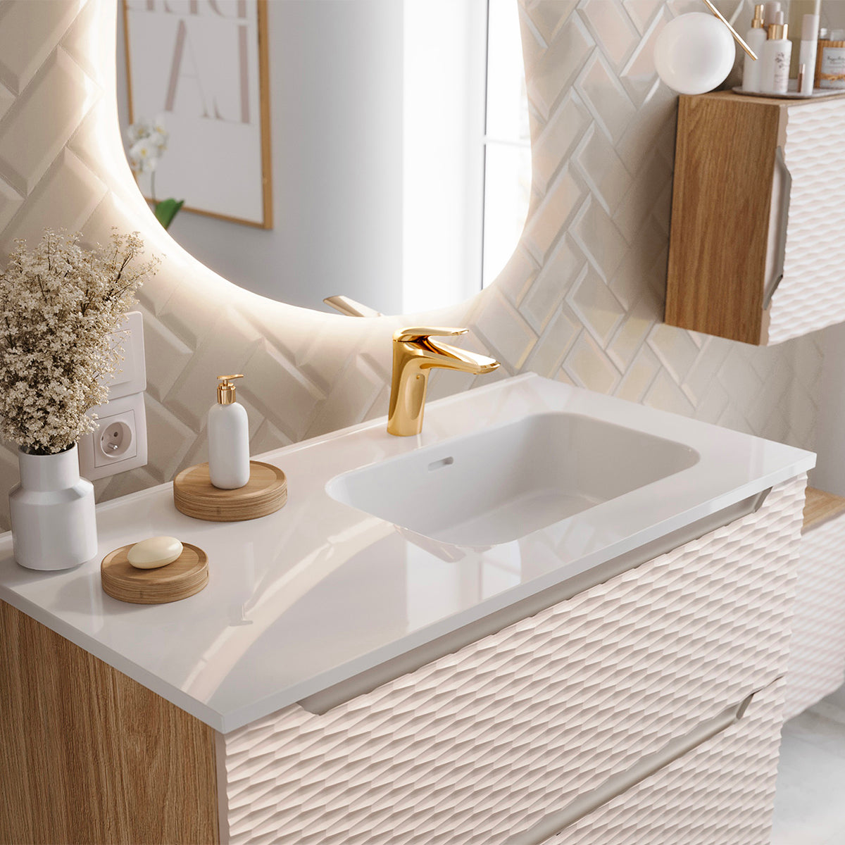 Ensemble meuble simple vasque encastrée droite 120cm 2 tiroirs et colonne Elora Beige et bois - vue 8